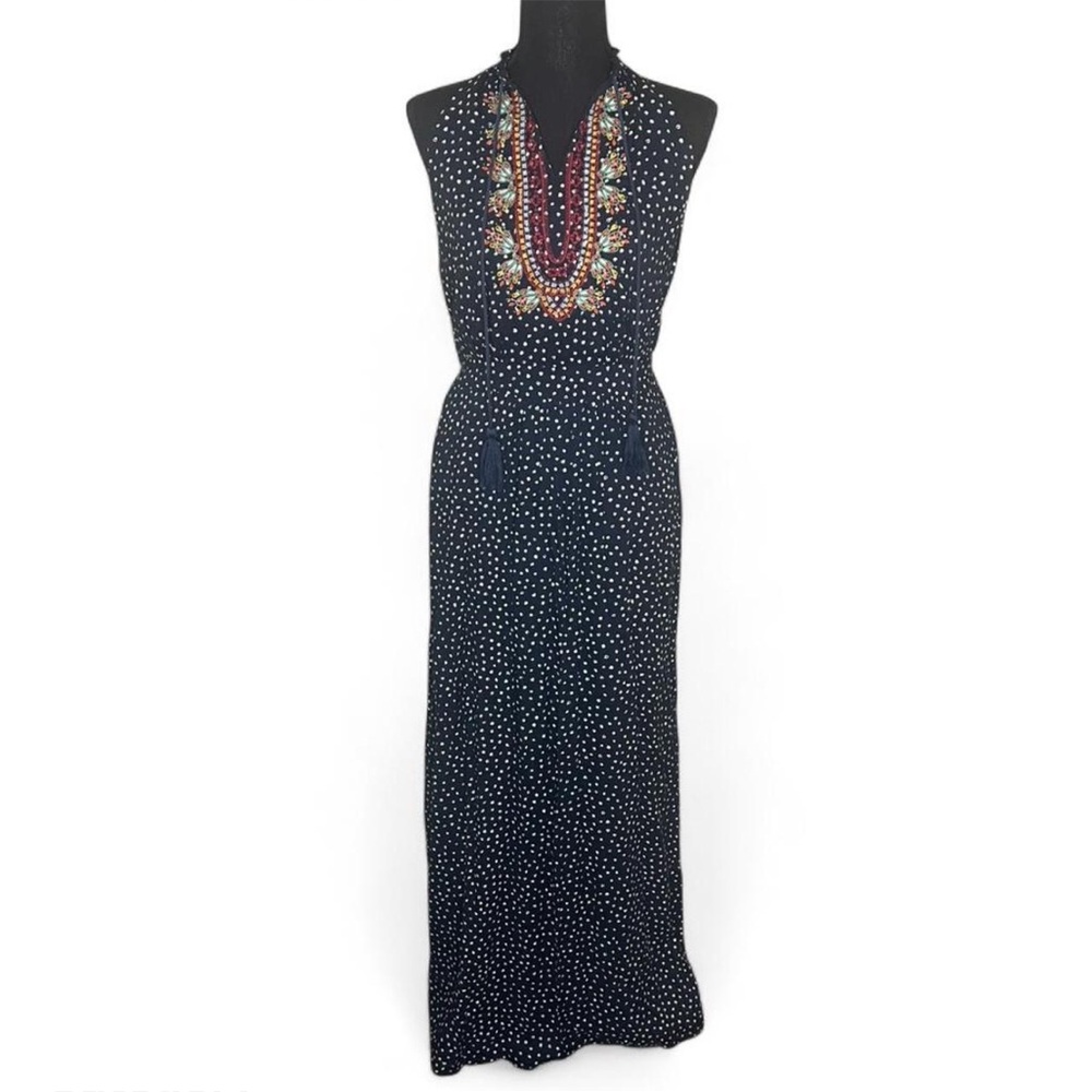 Anthropologie THML Navy PolkaDot Embroidered Sleeveless Boho/Cottage Maxi Dress